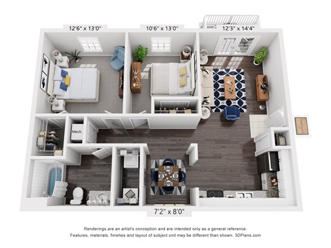 A 3D floor plan of a small apartment with a kitchen, living room, and bedroom.